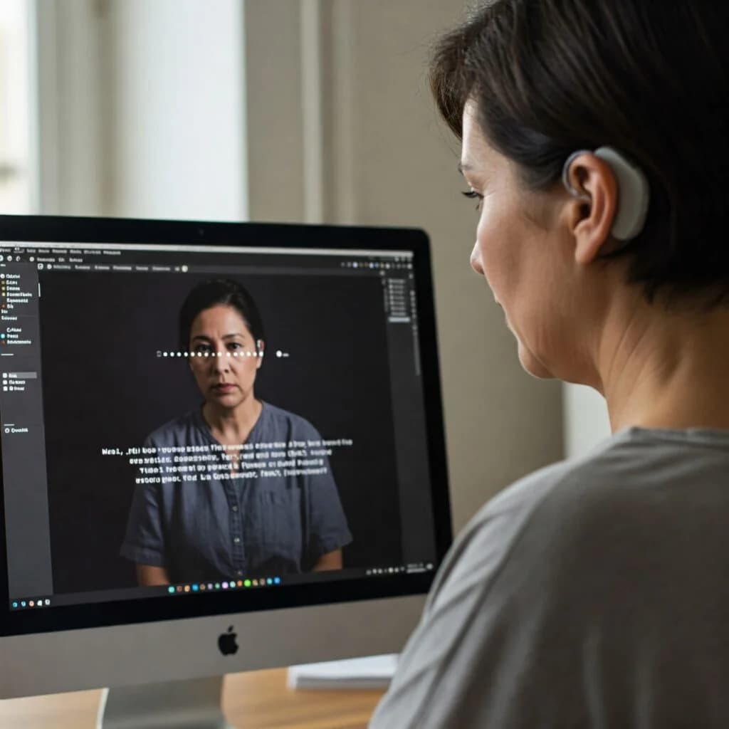 Une femme portant un appareil auditif assise à un bureau regarde l'écran d'un iMac. Sur l'écran, une vidéo ou une interface de montage vidéo montre une autre femme de face, sur un fond noir, avec des sous-titres affichés en anglais. L'environnement suggère une situation de travail ou d'apprentissage, en lien avec l'accessibilité ou la traduction pour personnes malentendantes.