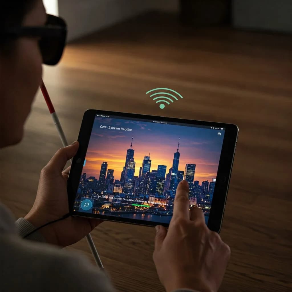 Une personne malvoyante utilise une tablette pour interagir avec une image de paysage urbain illuminé. Elle porte des lunettes de soleil et tient une canne blanche, outils essentiels à sa mobilité. L'écran de la tablette affiche clairement l'image, et un symbole Wi-Fi flottant indique une connexion sans fil. Cette image illustre l'accessibilité et l'inclusion numérique, montrant comment la technologie peut être adaptée pour permettre à chacun de profiter de l'information visuelle.