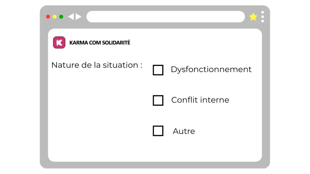 Maquette KCS d’un formulaire de signalement proposant dysfonctionnement, conflit interne ou autre.