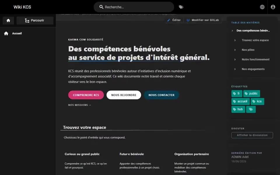Capture de la page publique du wiki KCS