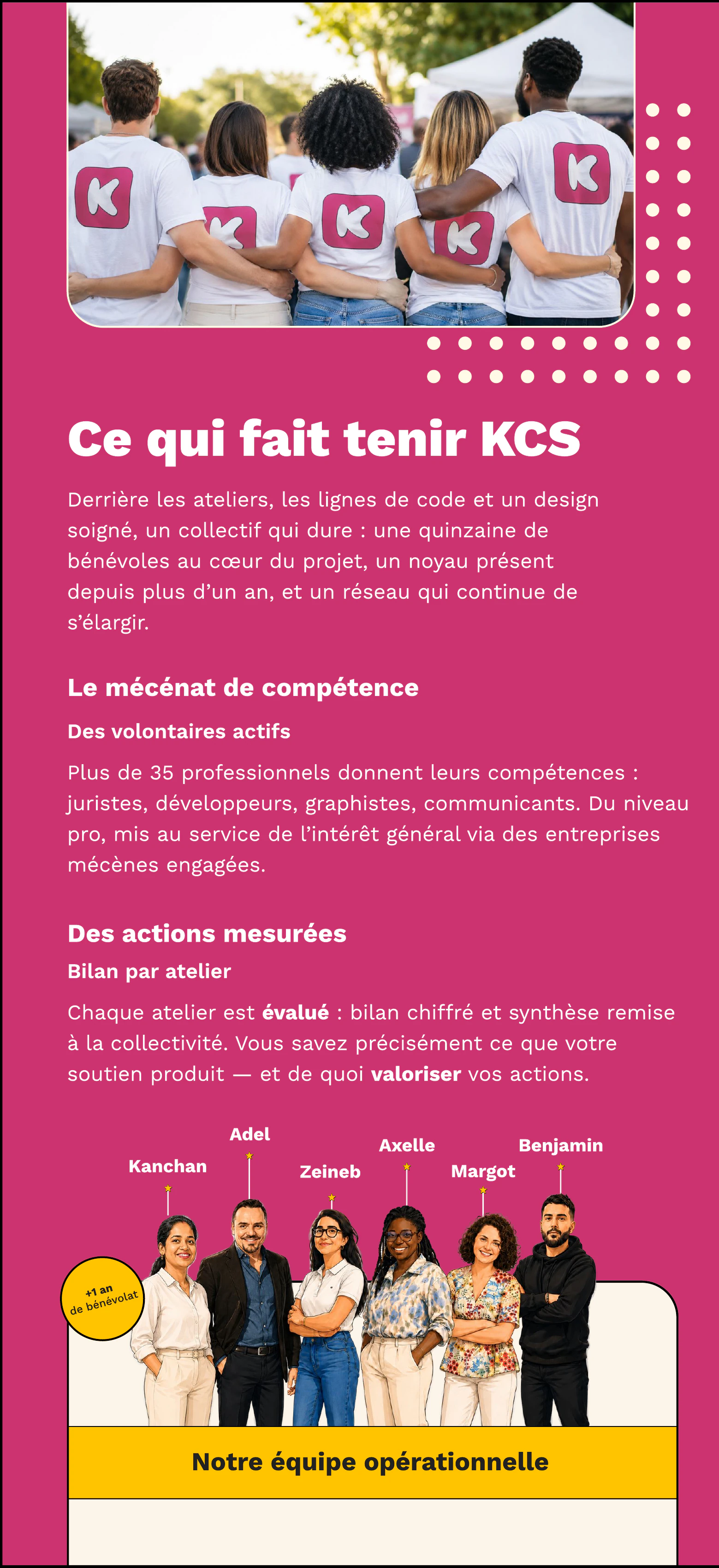 Le collectif, le mécénat de compétences et l’équipe opérationnelle de KCS